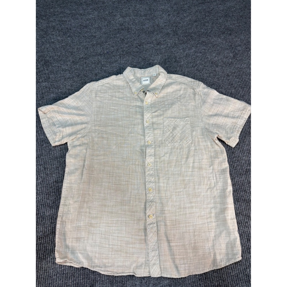 ROWM Mens XL Short Sleeve Button Down Shirt Beige Textured Casual Pocket Top